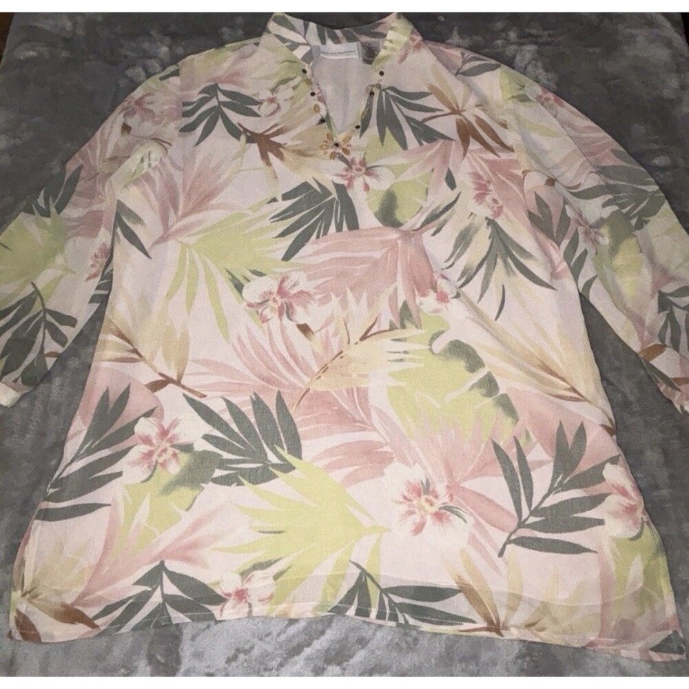 Alfred Dunner Women's Size 12 Tropical Floral Tunic Top Blouse Pink Green Gold